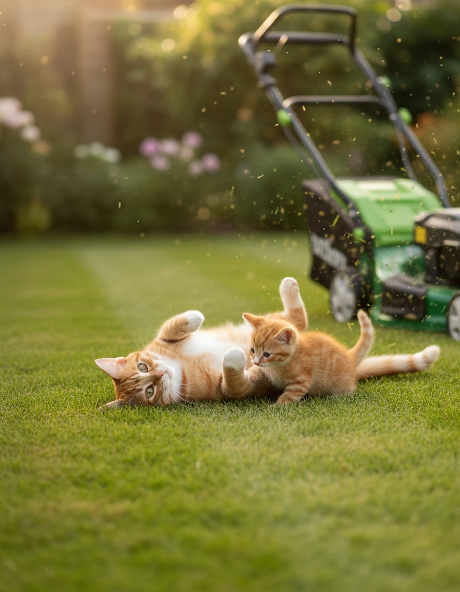 A ginger cat and a smaller matching ginger kitten roll together on a freshly mown lawn next to a lawnmower.