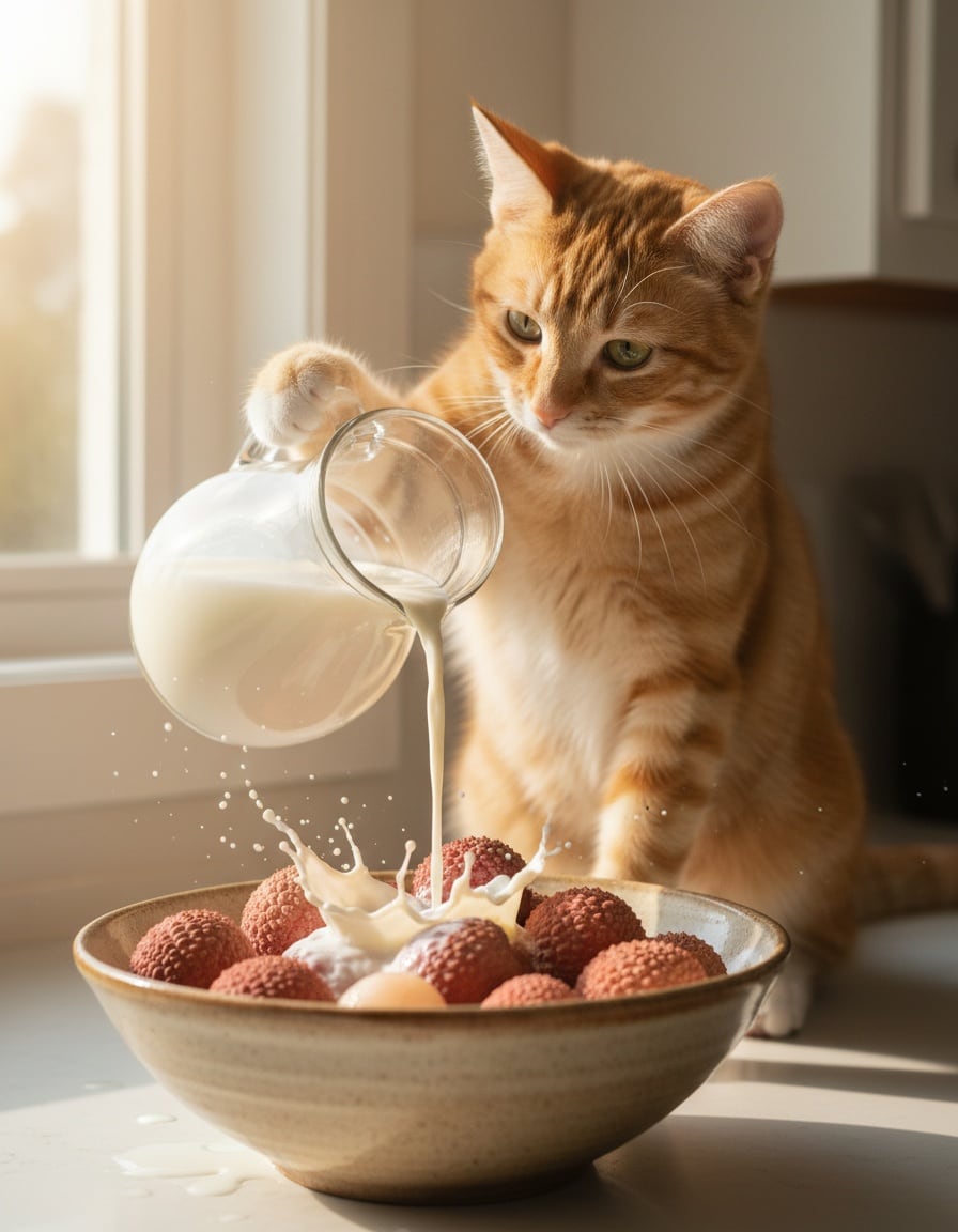 A ginger cat pours milk over a bowl of lychees on a kitchen counter.