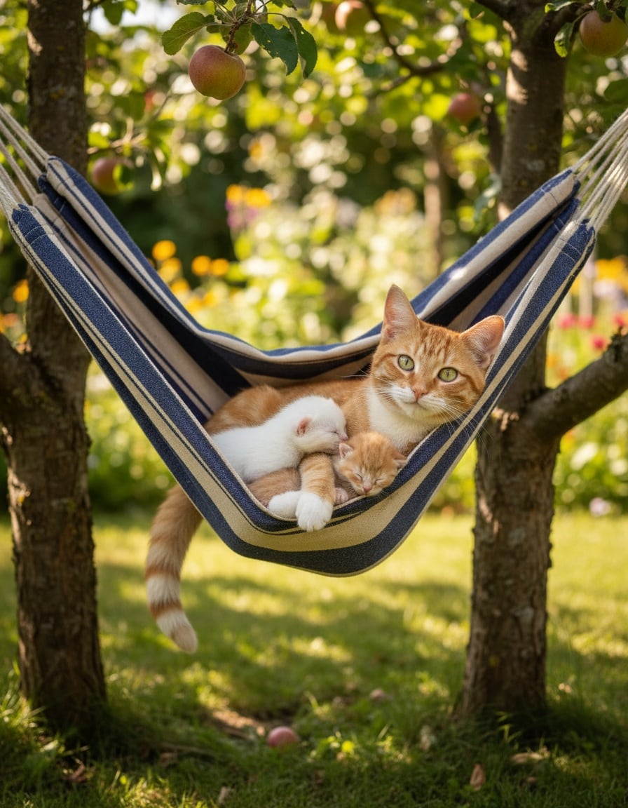A ginger mother cat in a garden hammock hugs her three kittens protectively.