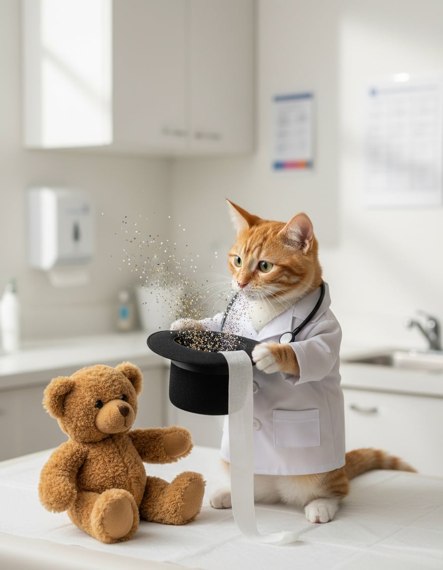 A ginger cat in a doctor's white coat pulls a bandage from a top hat for a teddy bear patient.