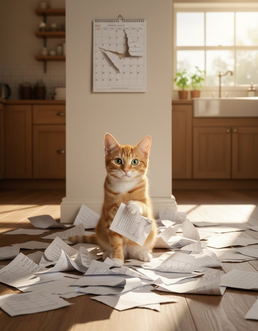 A ginger cat sits in a kitchen surrounded by a messy pile of torn-off calendar pages.