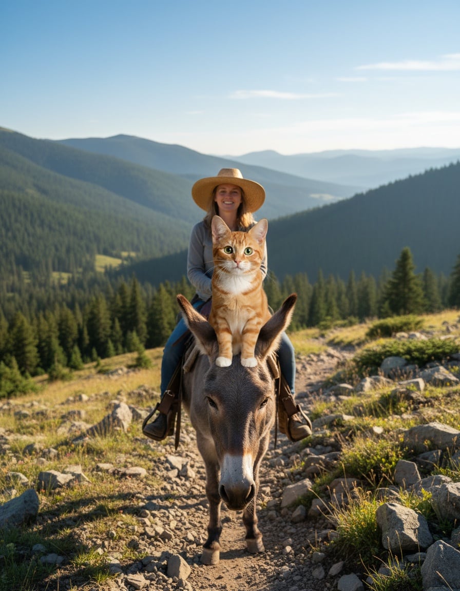 A woman rides a grey mule on a mountain path while a ginger cat sits between the mule's ears.