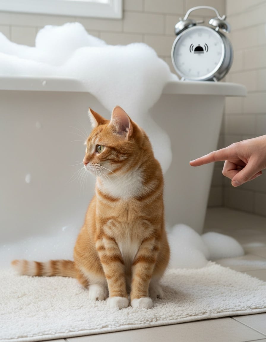 A stubborn ginger cat refuses a bubble bath while a hand points at the tub.