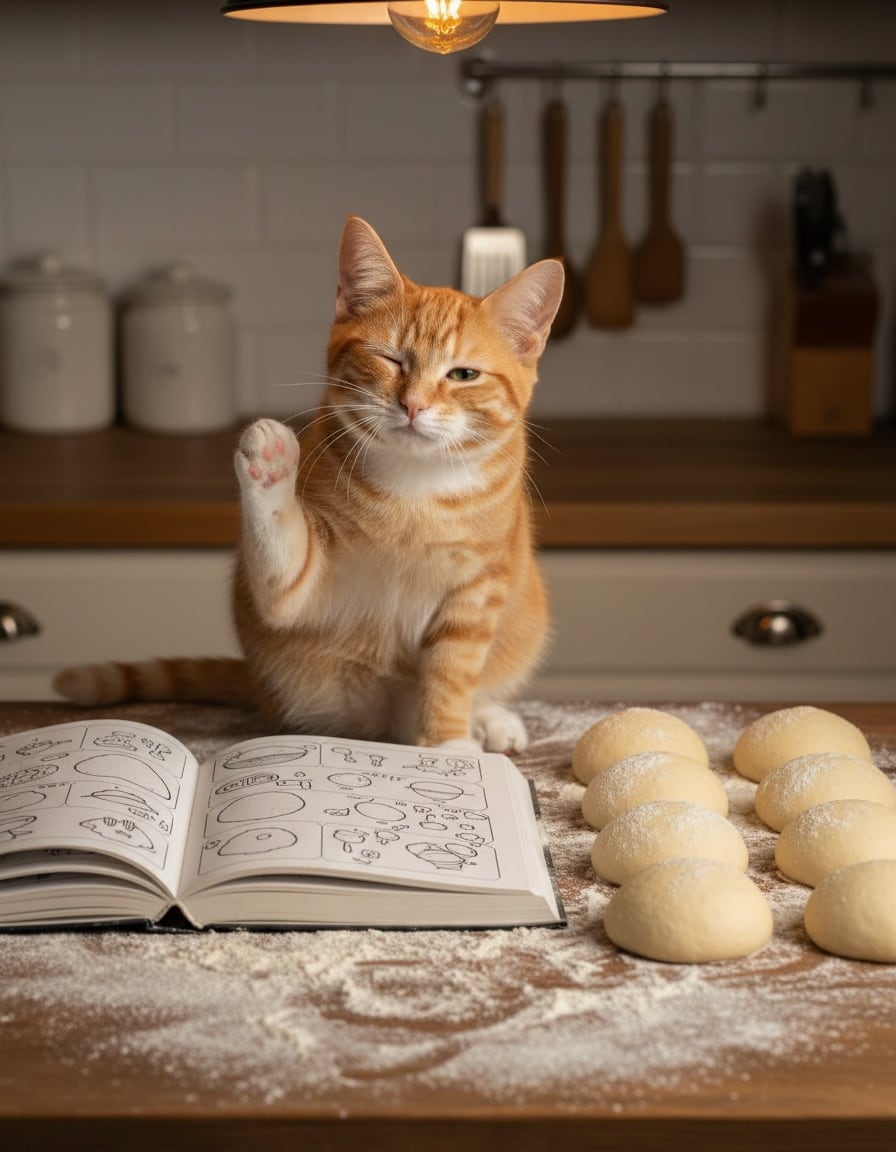 A confused ginger cat scratches her head beside ten balls of dough on a floury kitchen counter.