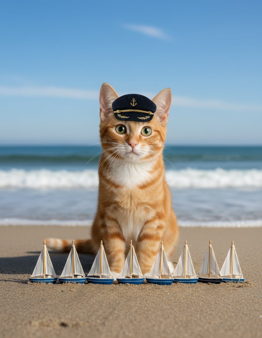 A ginger cat in a captain's hat stands beside nine toy sailboats lined up on a beach.
