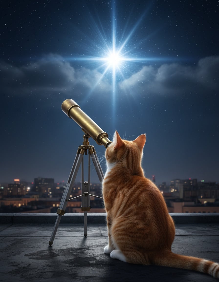 A ginger cat on a rooftop looks through a telescope at a bright new star bursting in the night sky.