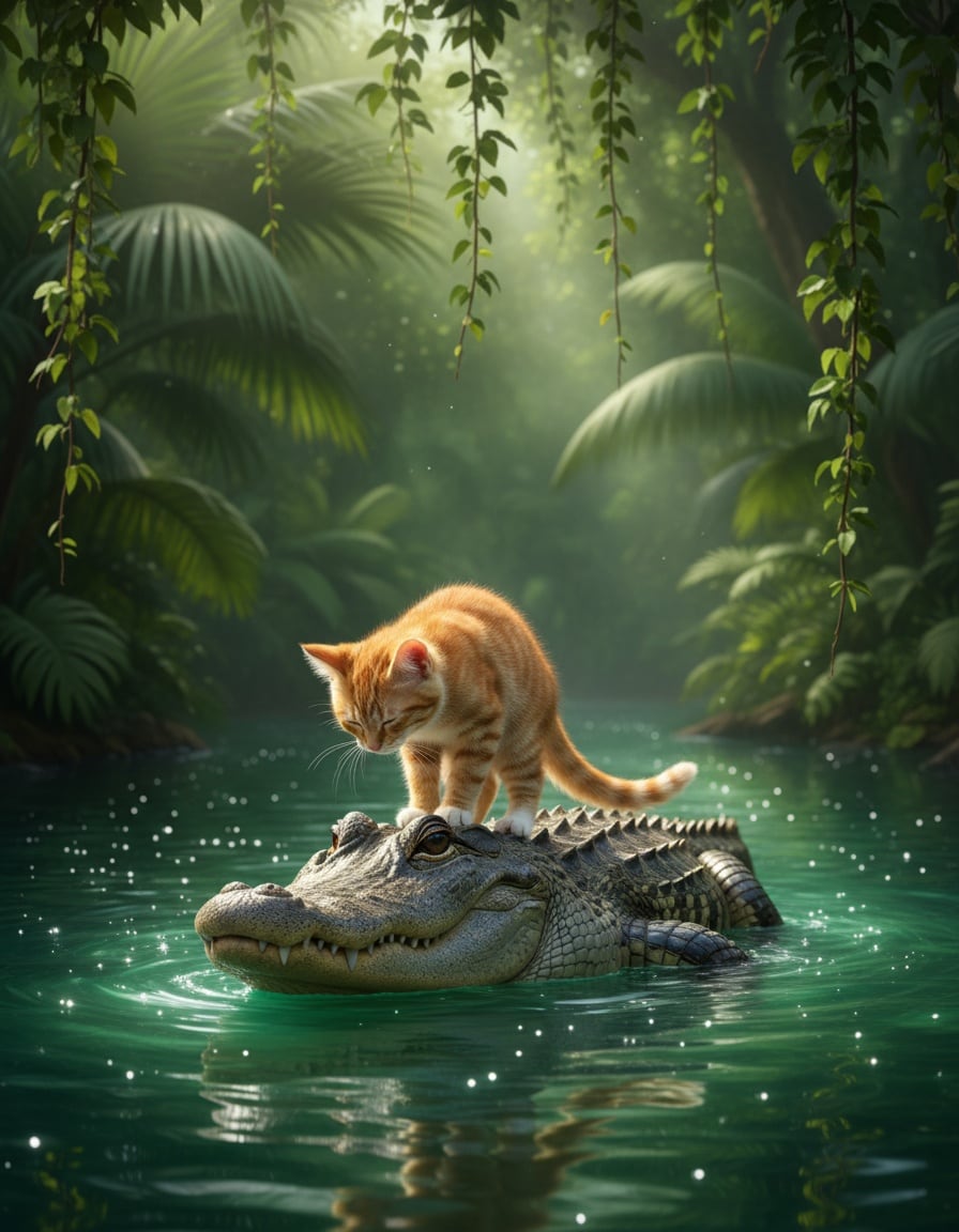A ginger cat rides on a smiling alligator's back across a jungle river and bows in thanks.