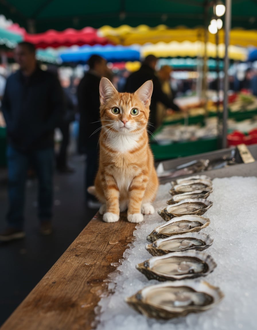 A ginger cat stands proudly behind a row of eight oysters on ice at a seafood market.