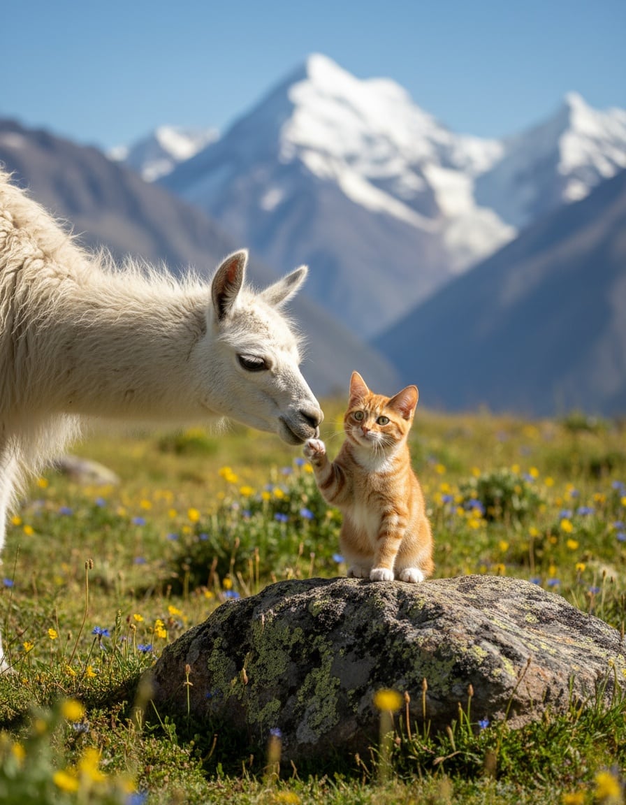 A ginger tabby cat on a rock raises a paw to greet a fluffy white llama in a mountain meadow.