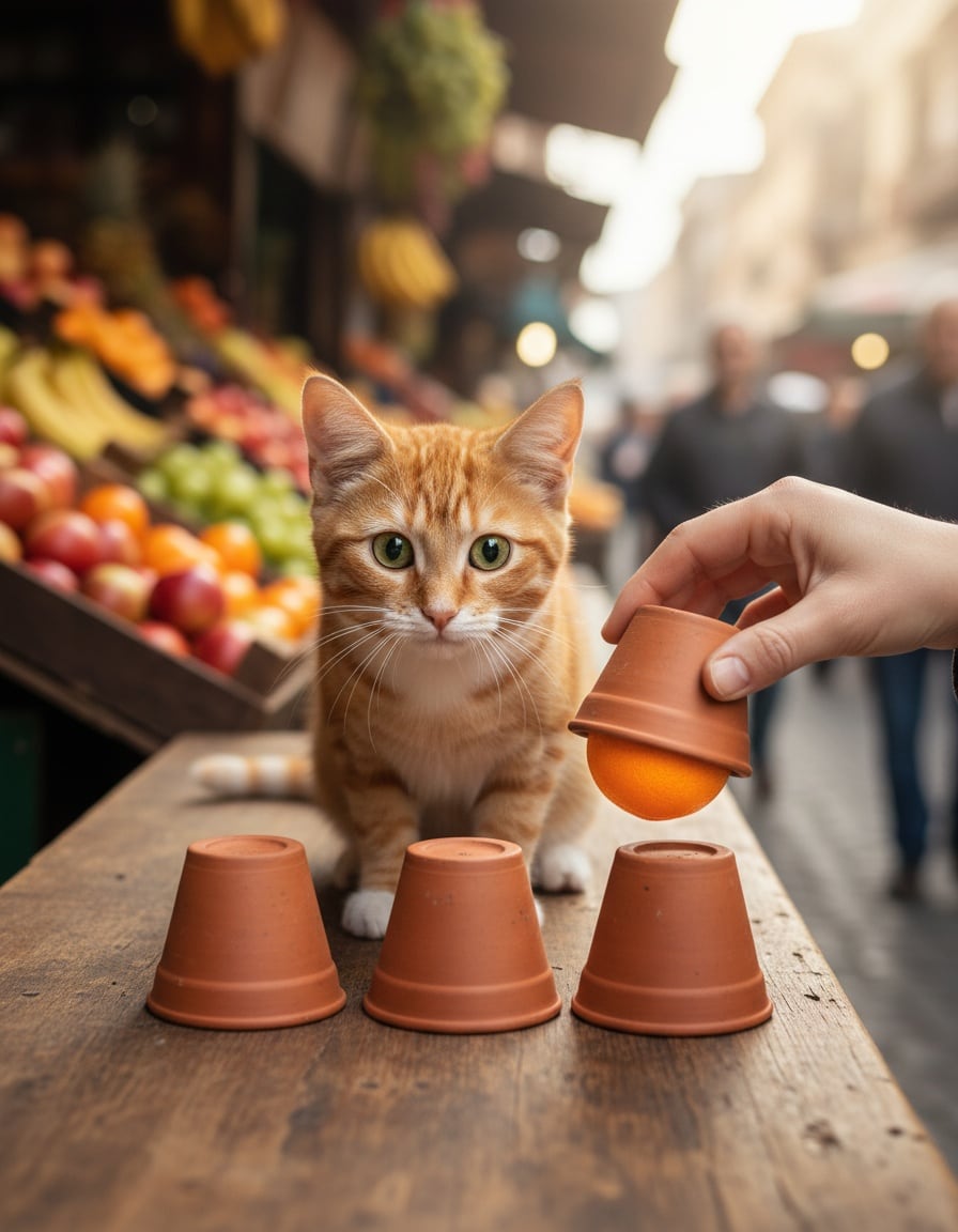 A ginger cat at a market stall searches three cups to find which one hides an orange.