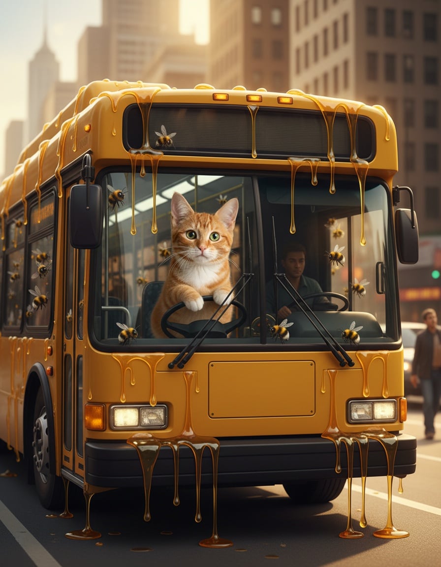 A ginger cat drives a honey-covered city bus full of bees.