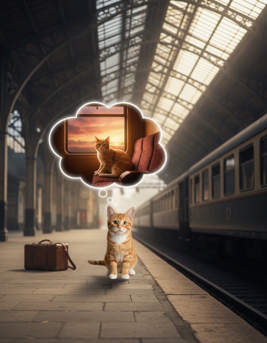 A ginger cat runs after a departing train, dreaming of catching it the day before.
