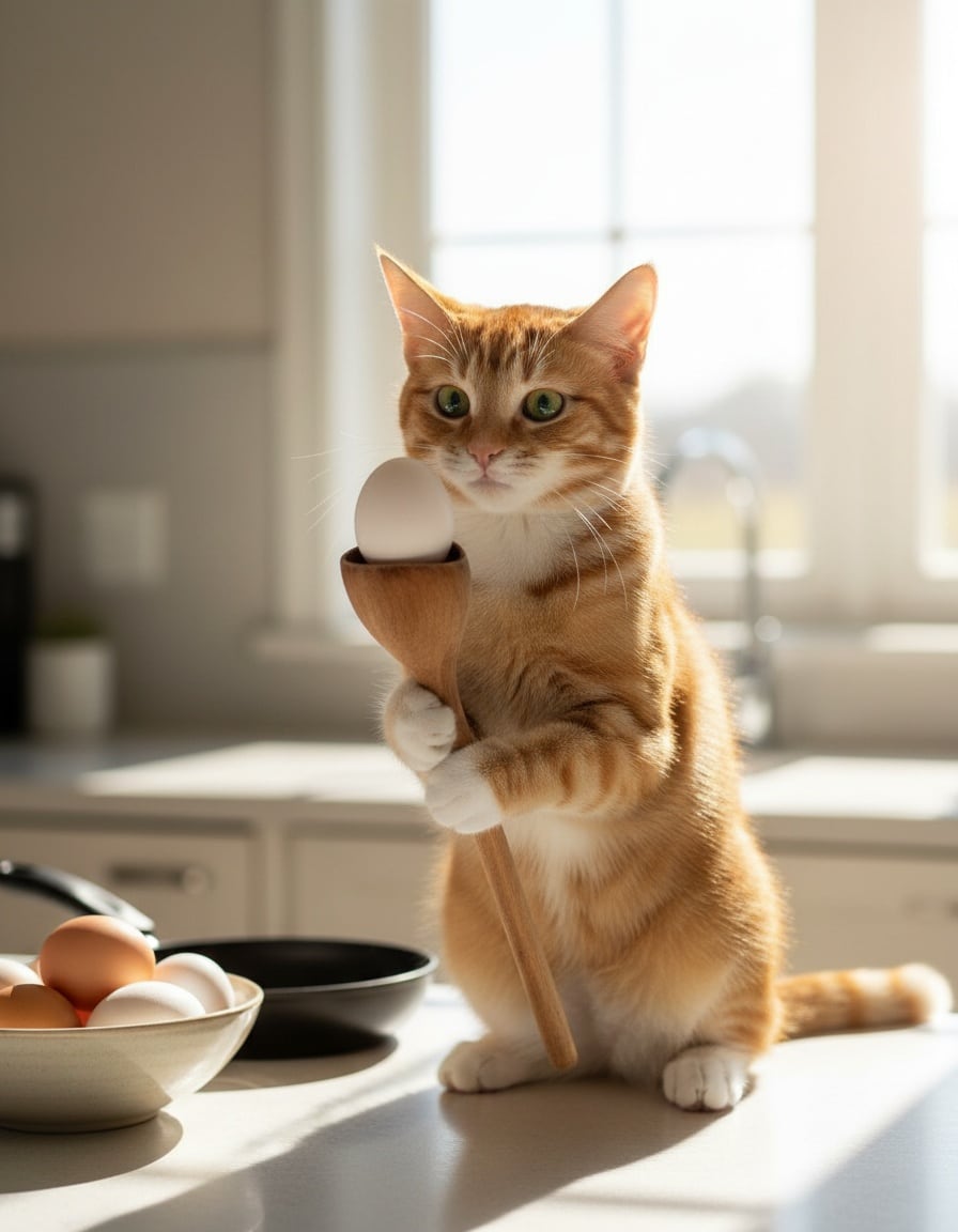 A ginger cat on a kitchen counter balances a white egg on a wooden spoon.