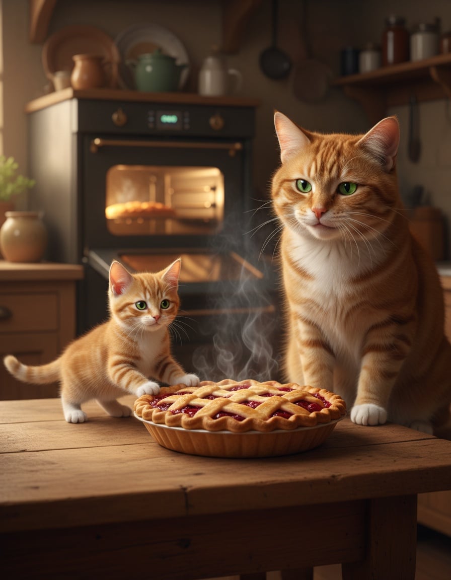 A ginger cat presents a huge cherry pie to a big older tomcat, her father, in a kitchen.