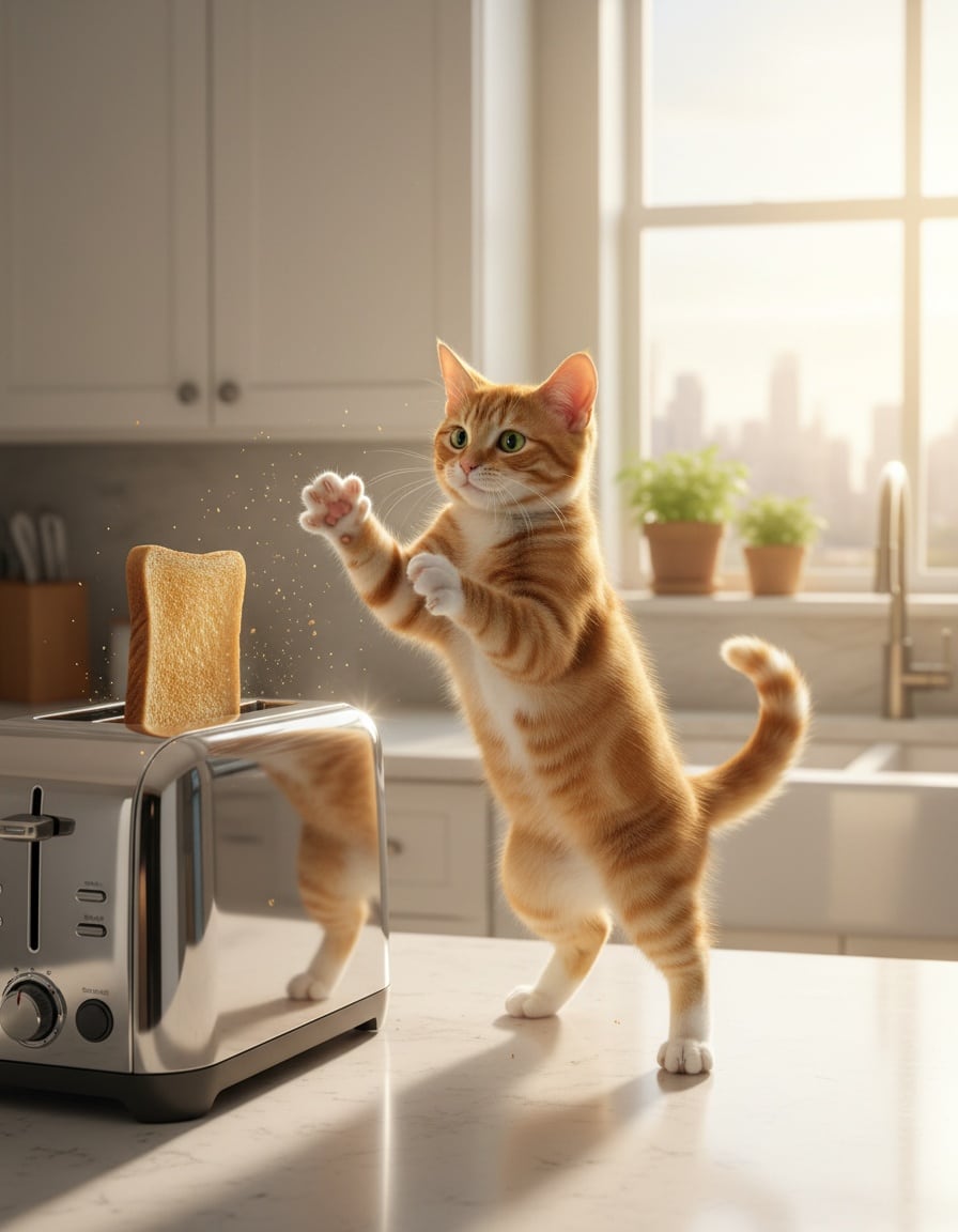A ginger cat leaps to catch a slice of bread flying out of a toaster in a sunny kitchen.