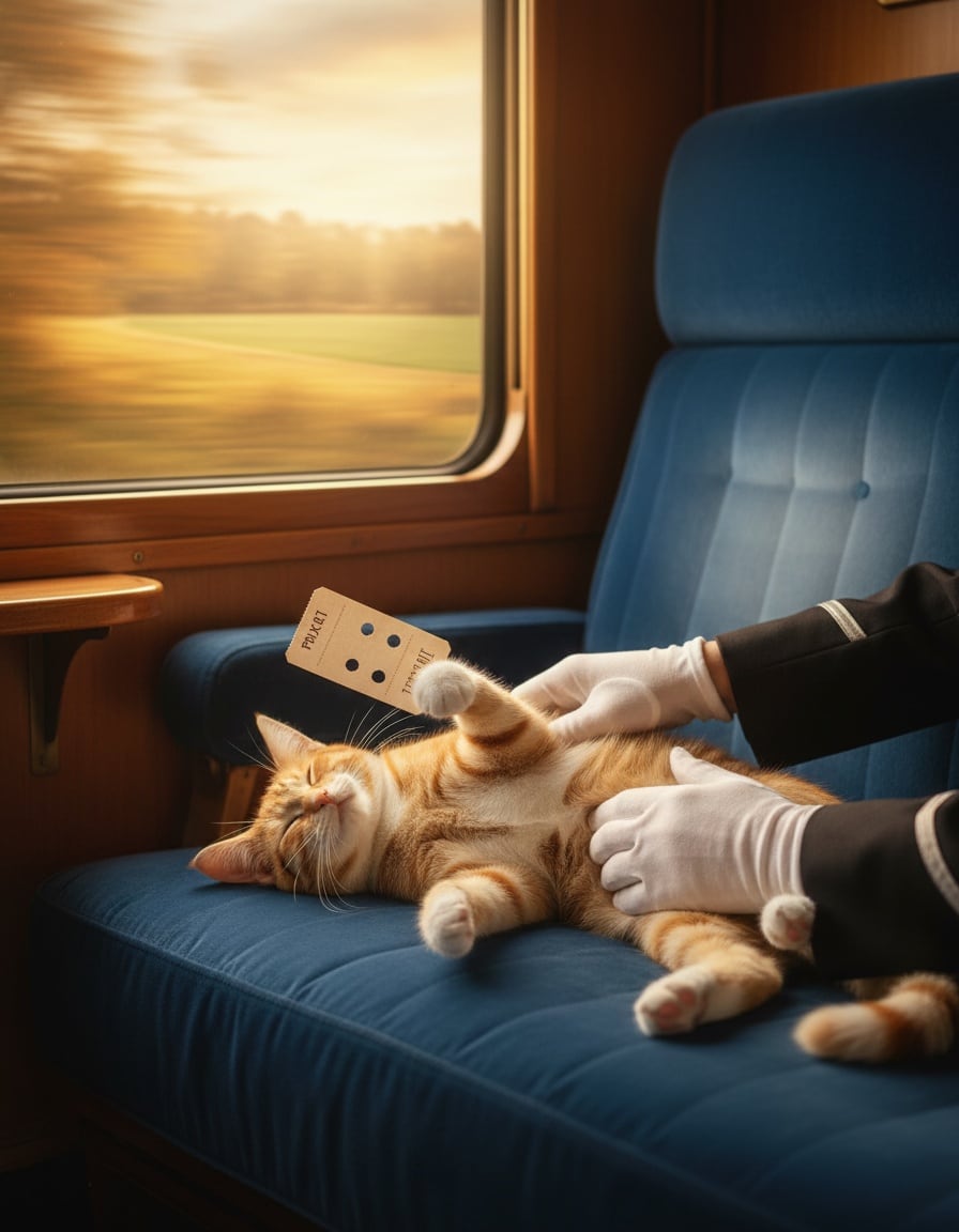 A ginger cat holding a train ticket gets a shoulder massage on a train seat.