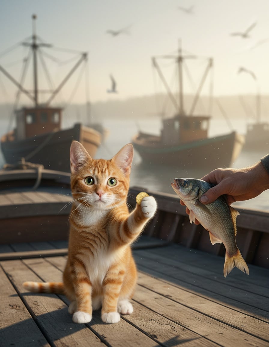A ginger cat on a fishing boat pays a gold coin to a hand offering a big silver fish.