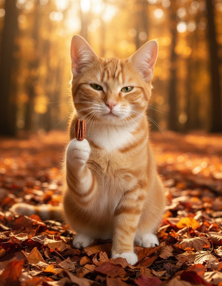A ginger cat in an autumn forest squints at a tiny pecan balanced on the tip of its paw.