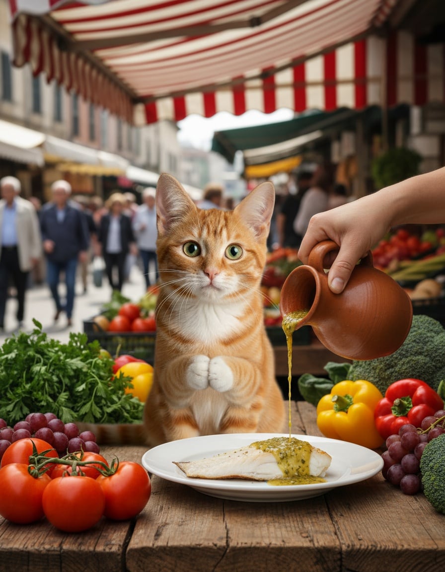 A ginger cat begs with big eyes at a market stall as a hand is about to pour sauce on her fish.