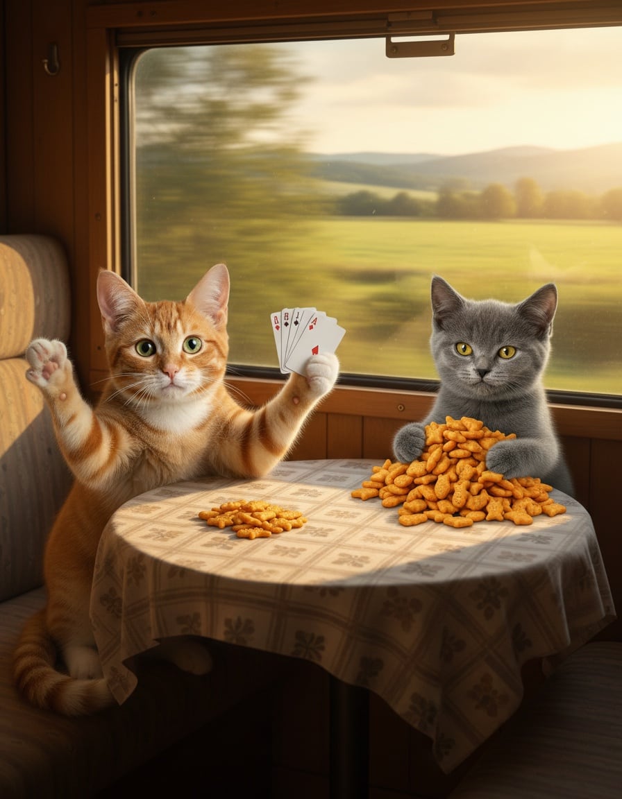 A ginger cat throws up her paws in confusion at a card game on a train while a grey kitten wins the crackers.