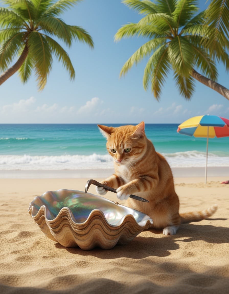 A ginger cat uses a small crowbar to pry open a giant clamshell on a sunny beach.