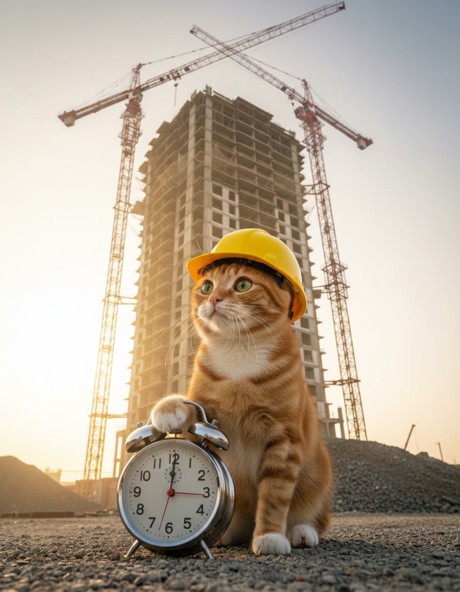 A ginger cat in a hard hat impatiently looks up at a half-built apartment tower.