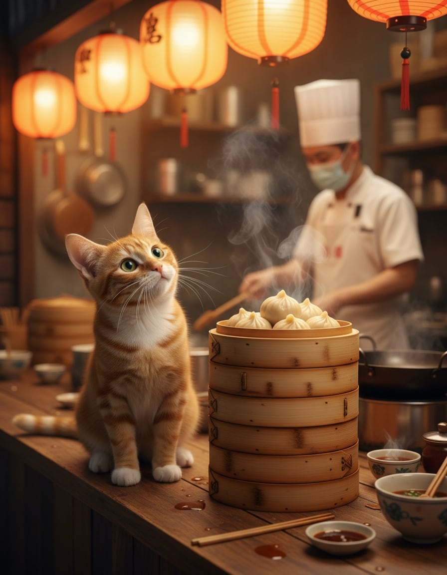 A ginger cat at a noodle shop counter looks curiously at a huge pile of wontons.