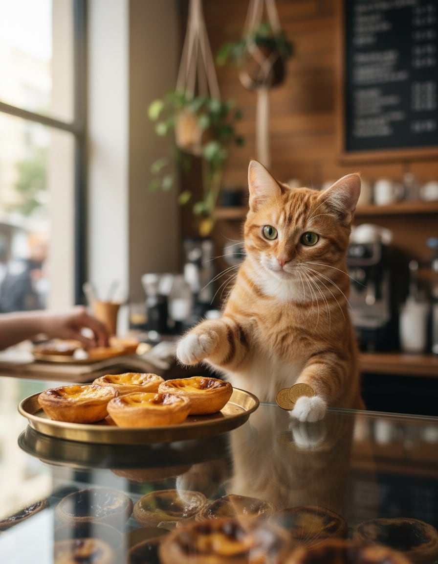 A ginger cat at a café counter points at custard tarts while holding three coins.