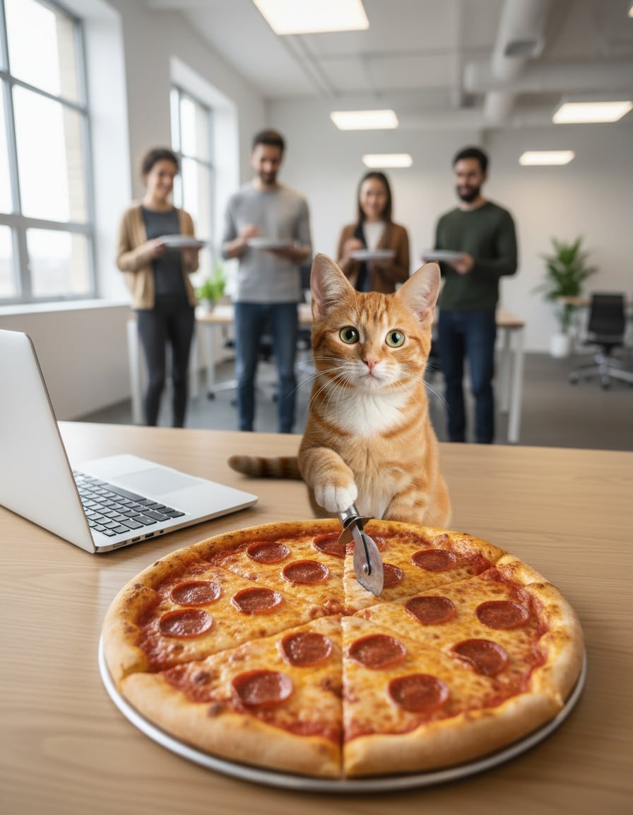 A ginger cat on an office desk cuts a pizza into four slices while coworkers wait in the background.