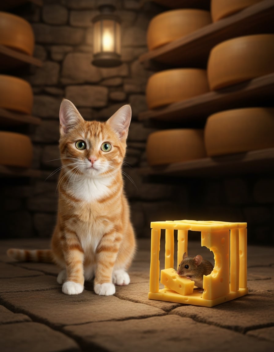 A ginger cat watches a mouse eat its way out of a cage made of cheese in a cheese cellar.