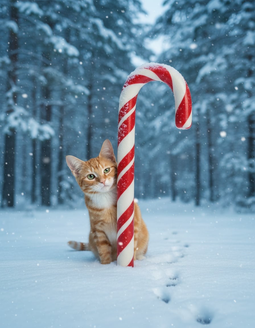 A ginger tabby cat peeks around a giant candy cane standing in the snow, looking around curiously.