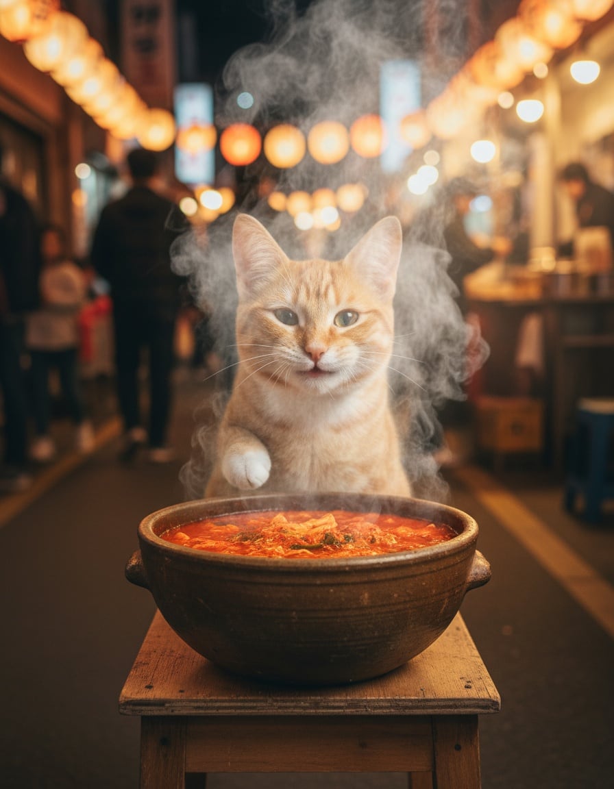 A ginger tabby cat blows on a steaming, bubbling bowl of red kimchi stew at a night food stall.