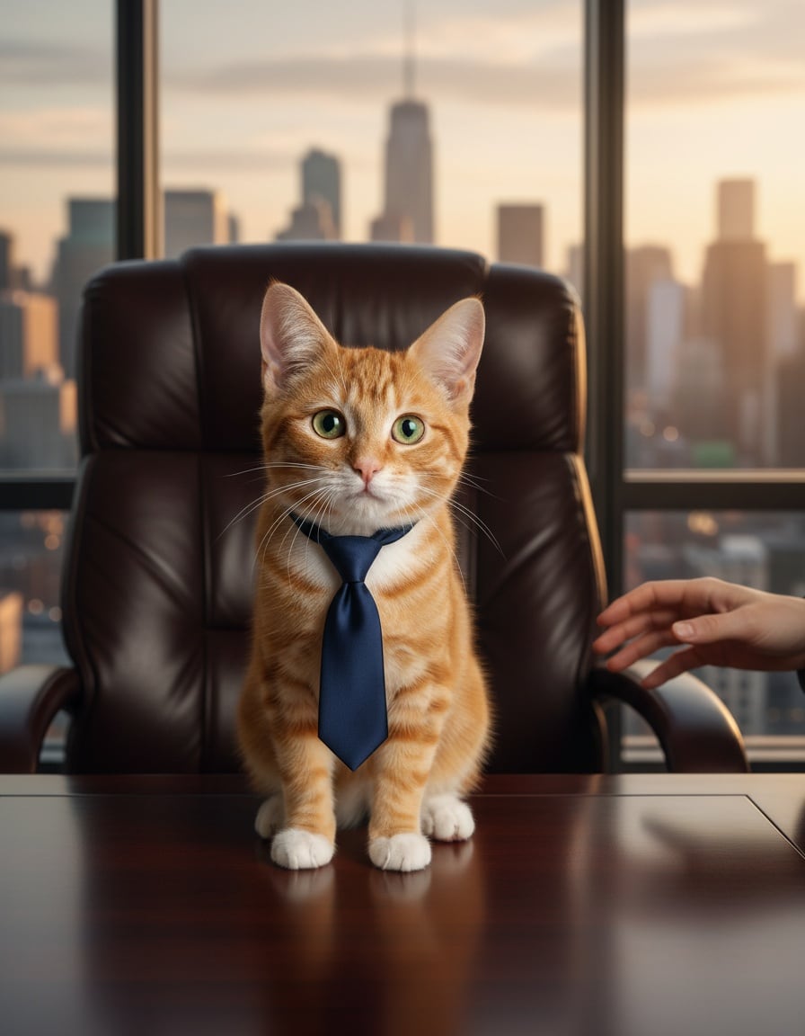 A ginger tabby cat wearing a tiny tie sits in a big leather boss chair in an office.