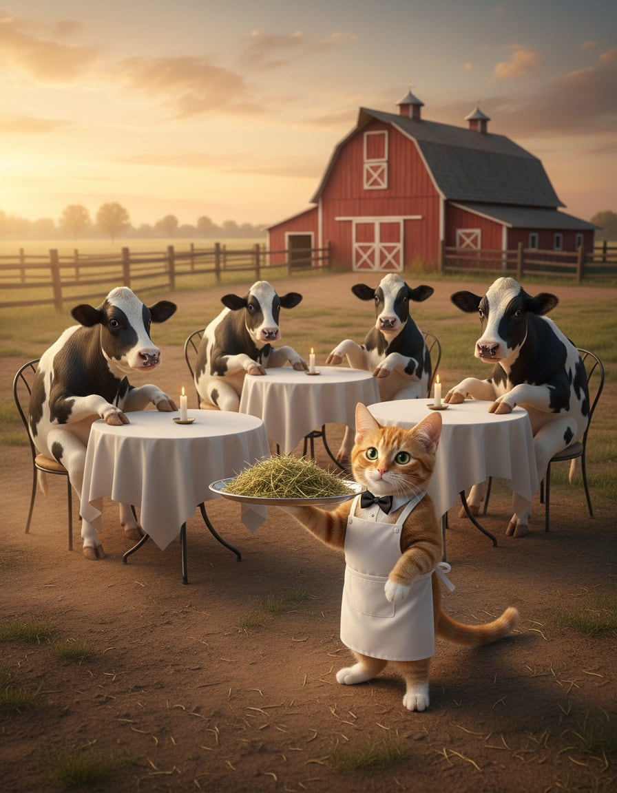 A ginger cat waiter serves hay to cows at candlelit tables on a ranch.