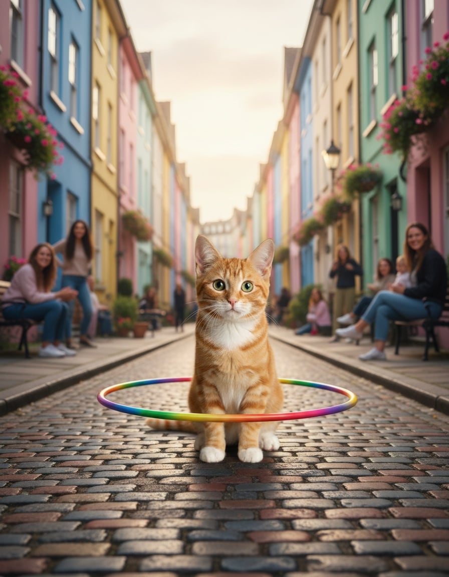 A ginger cat spins a rainbow hula hoop in the middle of a colorful cobblestone street.