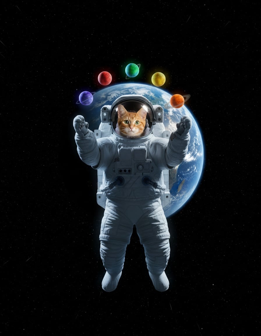 A ginger tabby cat in a spacesuit floats in space juggling six colorful planets.