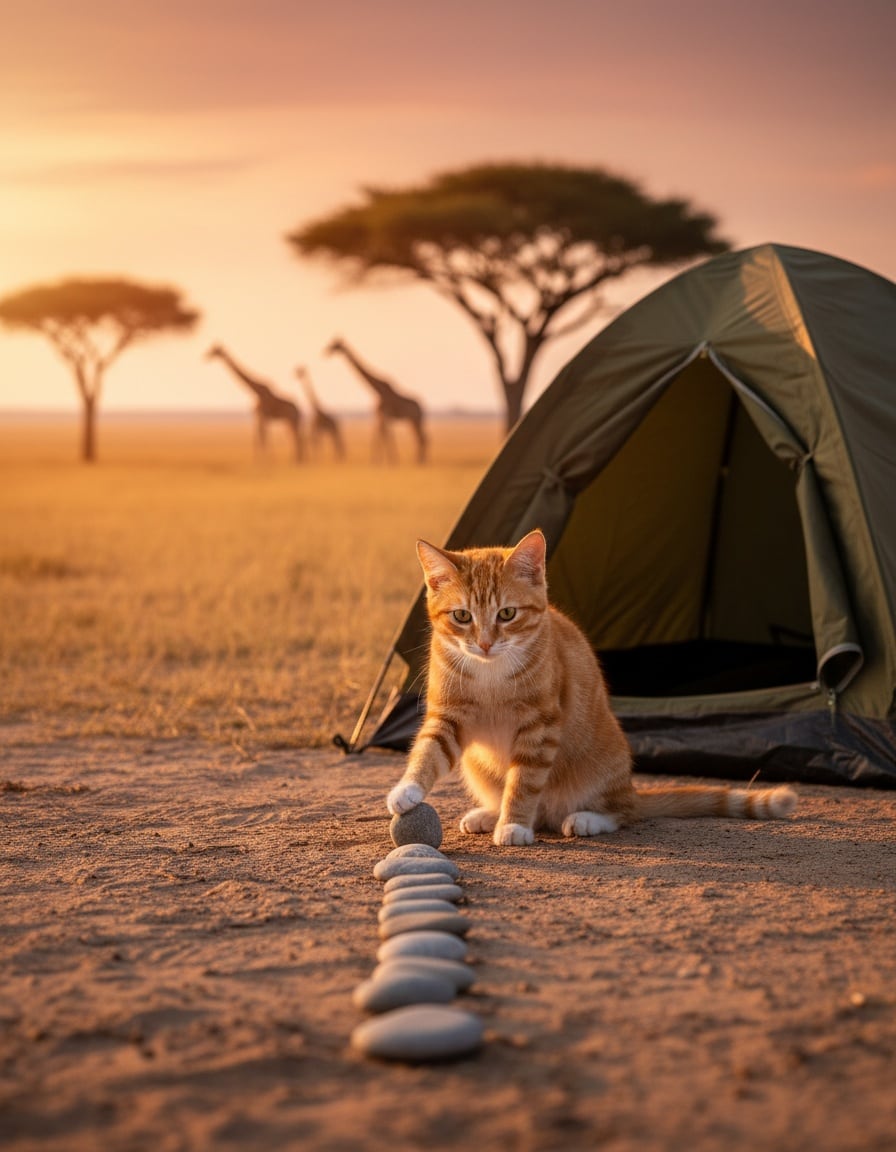 A ginger cat sits by a small tent on the savannah, arranging seven pebbles in a row at sunset.