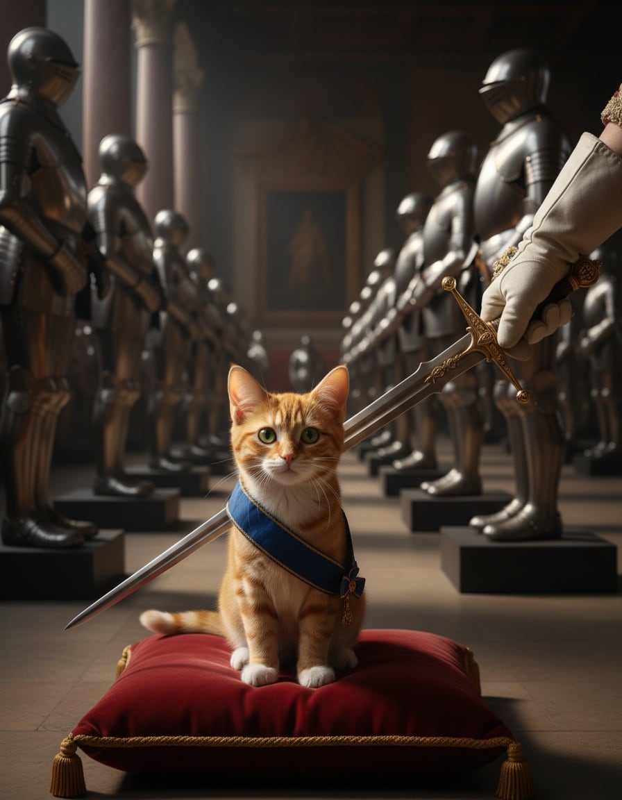 A ginger cat kneels in a museum hall while being knighted with a ceremonial sword.