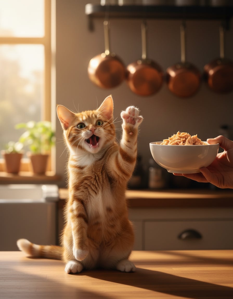 A ginger cat on a kitchen counter sings dramatically as a hand offers a bowl of tuna.