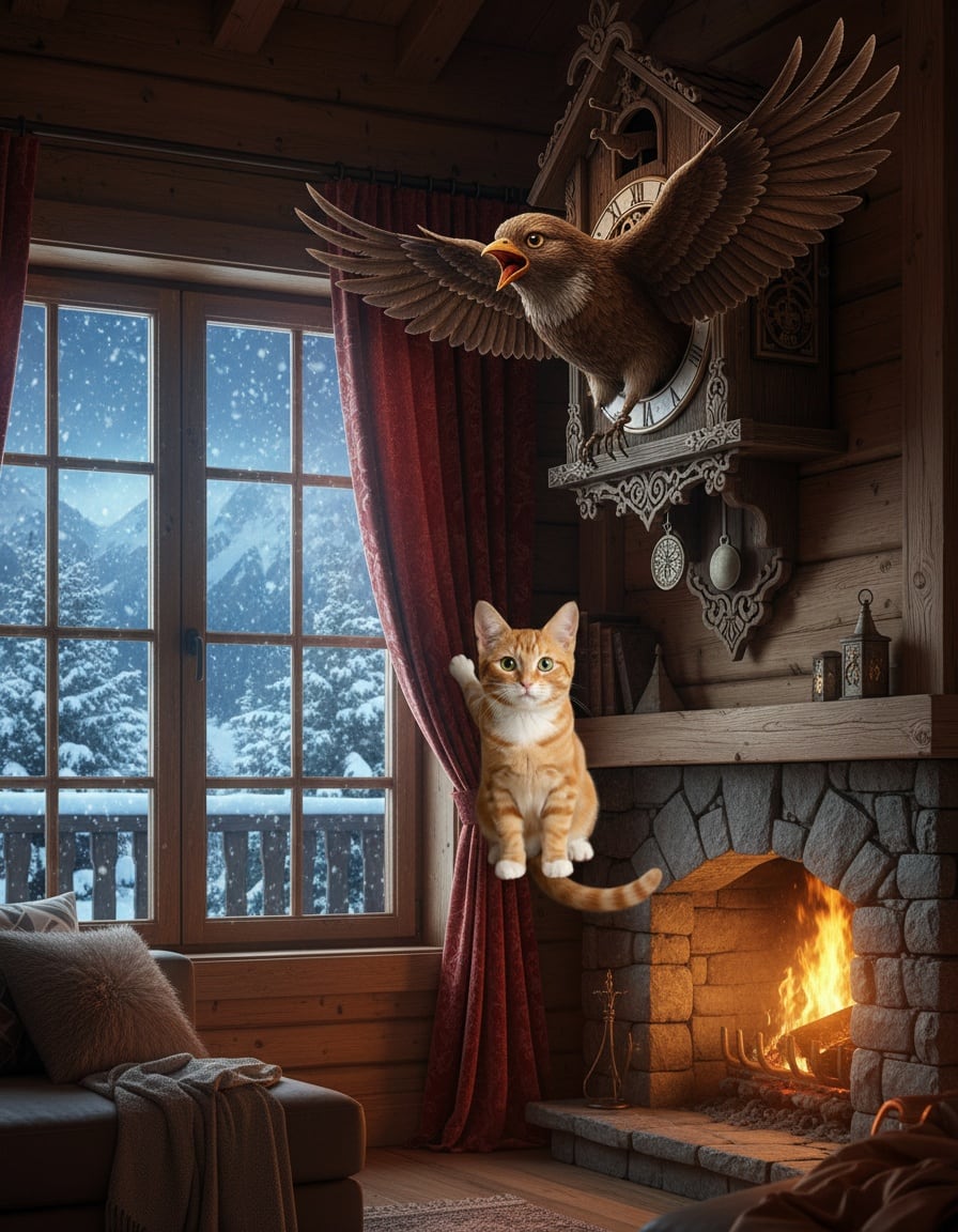 A startled ginger cat clings to curtains as a big wooden cuckoo bursts from a clock in a snowy chalet.