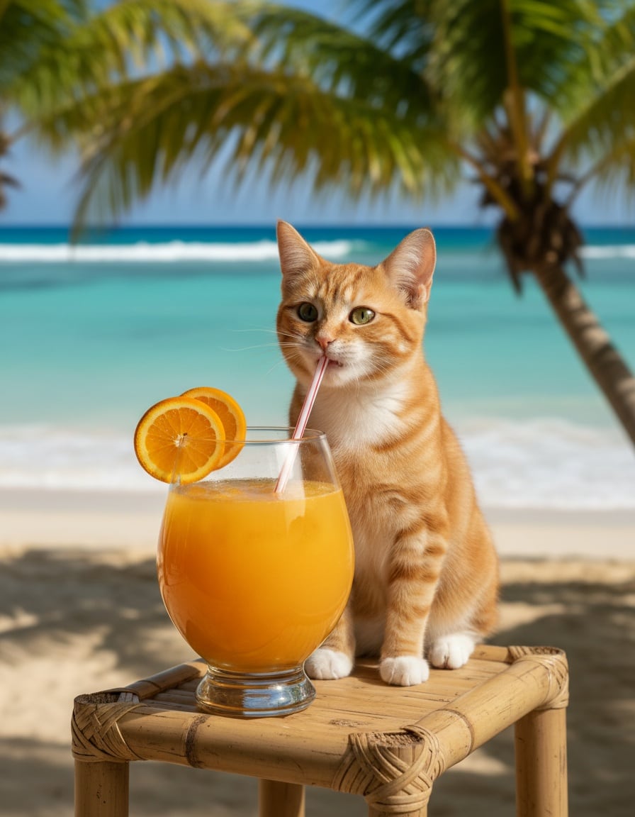 A ginger cat drinks from a huge glass of orange juice through a straw at a beach bar.