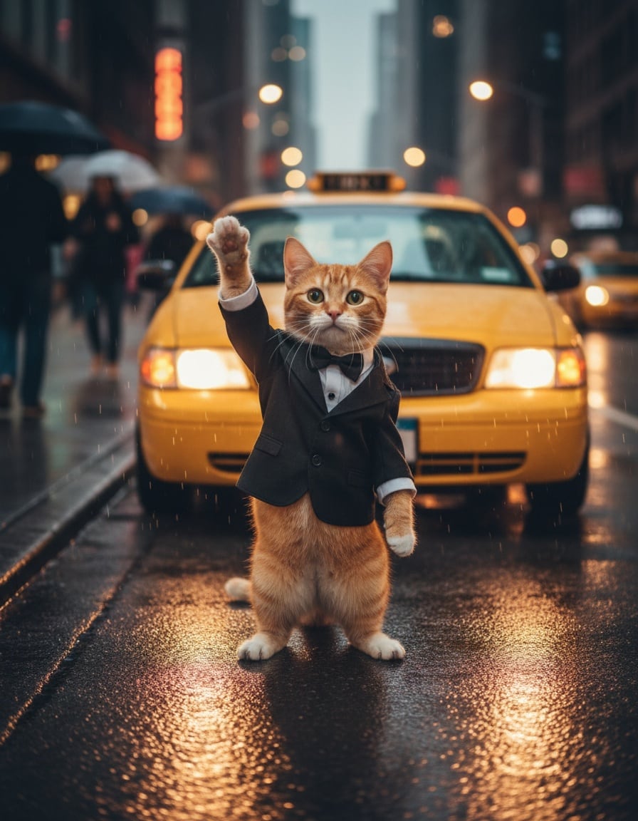 A ginger cat in a tiny tuxedo hails a yellow taxi on a rainy city street at night.