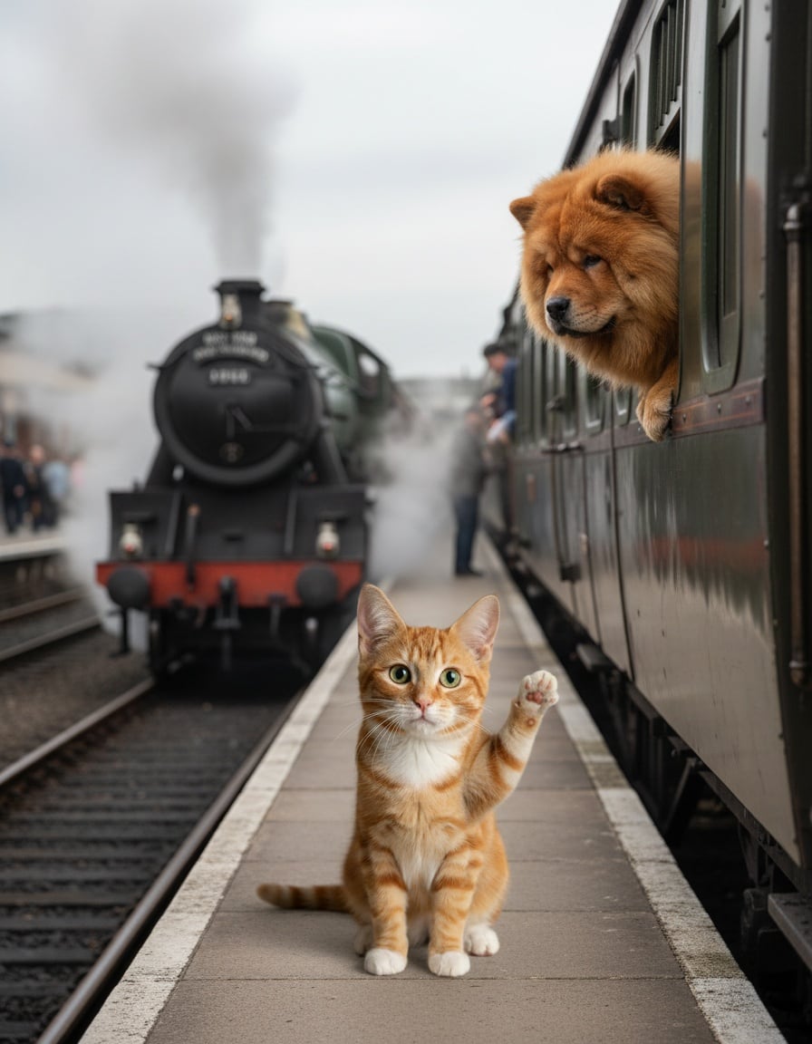 A ginger cat on a train platform waves goodbye to a fluffy chow chow dog in a train window.