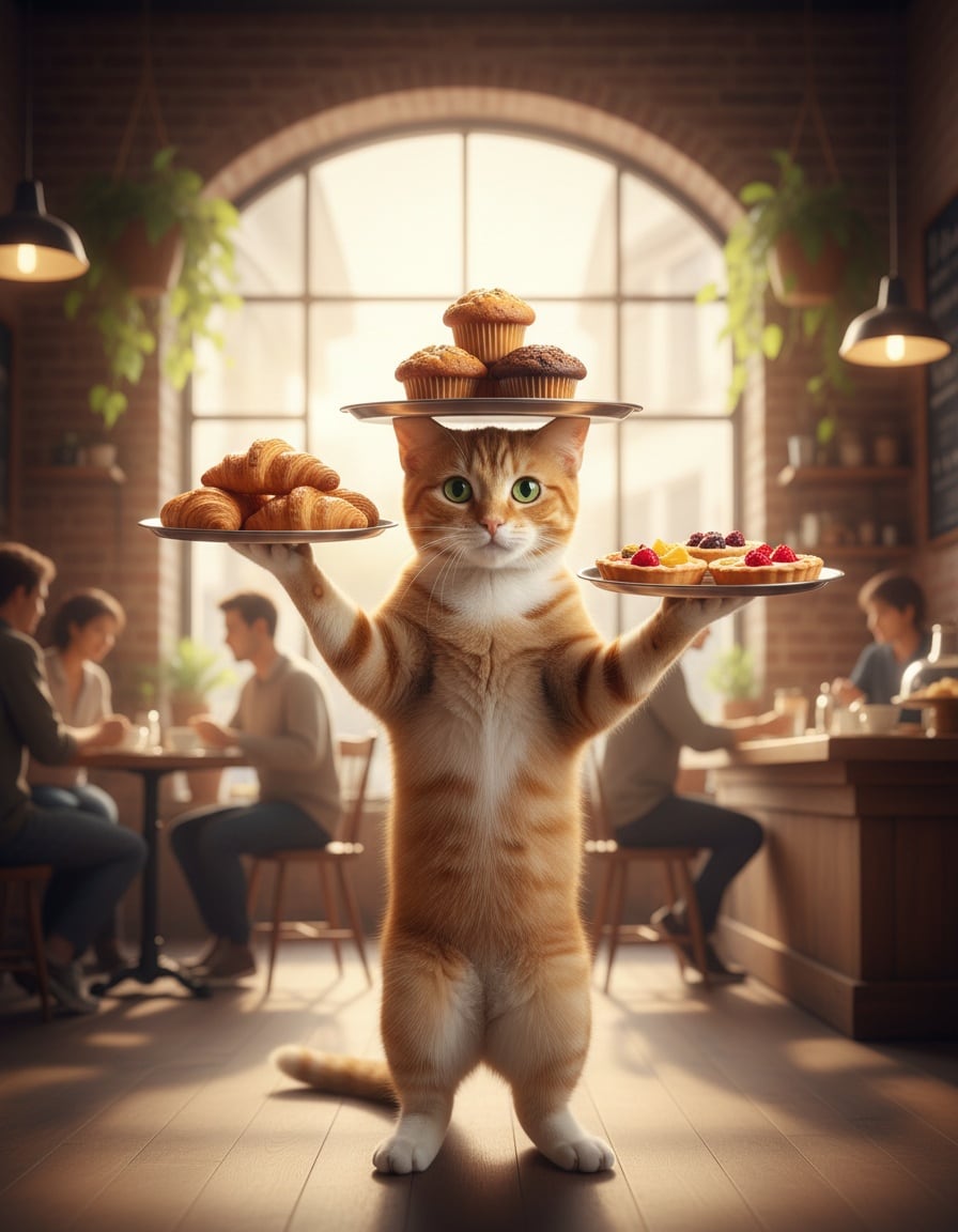 A ginger cat in a café balances three silver trays of pastries, one on each paw and one on its head.