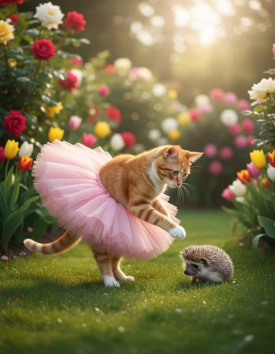 A ginger cat in a pink tutu leans kindly toward a sad hedgehog in a flowery garden.