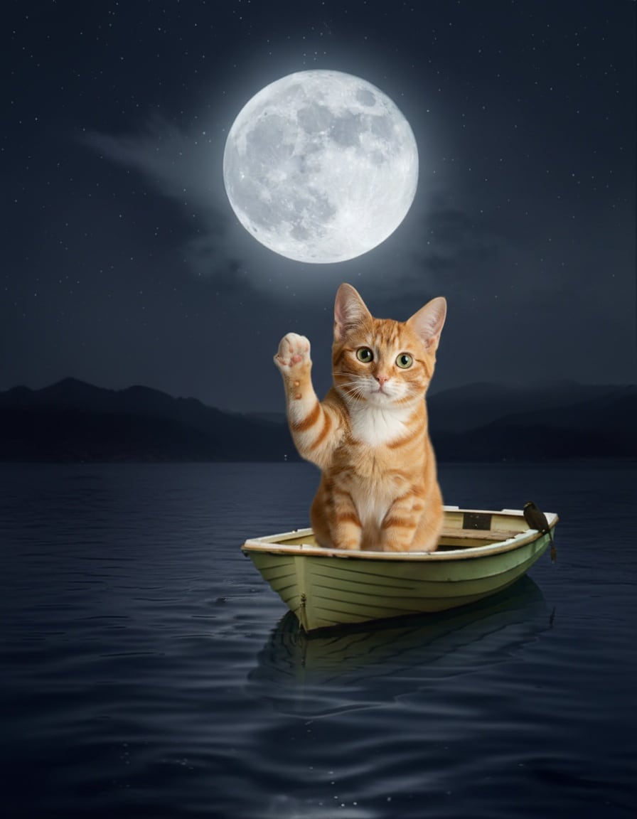 A ginger cat in a rowing boat at night points one paw at a single big full moon.