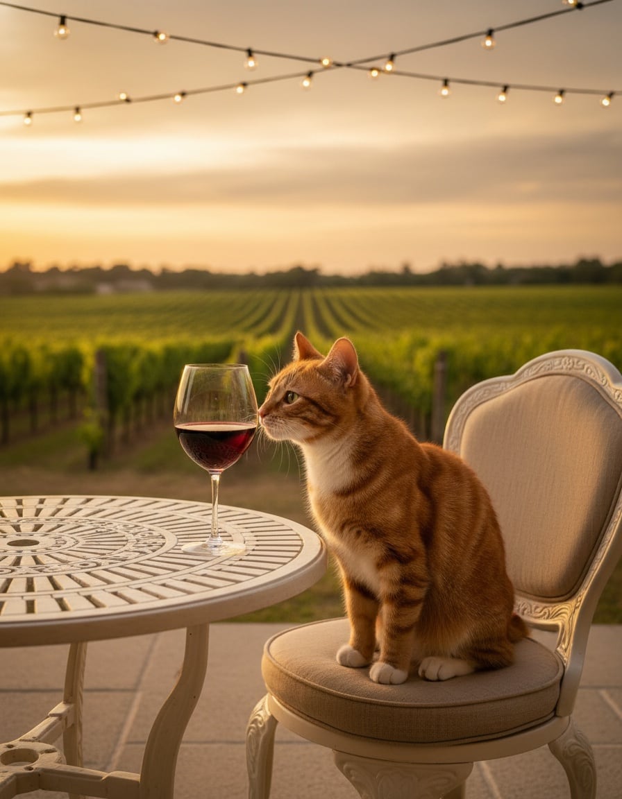A ginger cat sniffs a glass of red wine at a lone table on a grand, empty vineyard terrace at sunset.